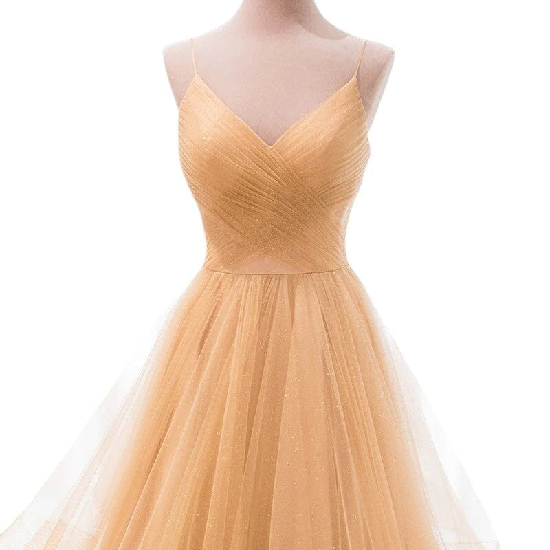 V Neck Spaghetti Straps A-Line Prom Dress Tulle Floor Length