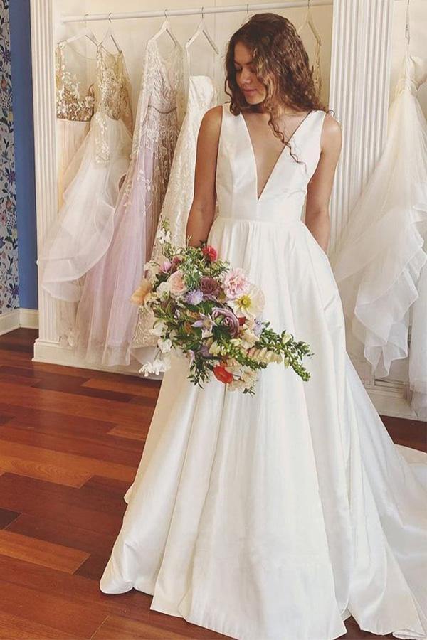 A-Line Straps V-Neck Sleeveless Zipper up Satin Wedding Dress