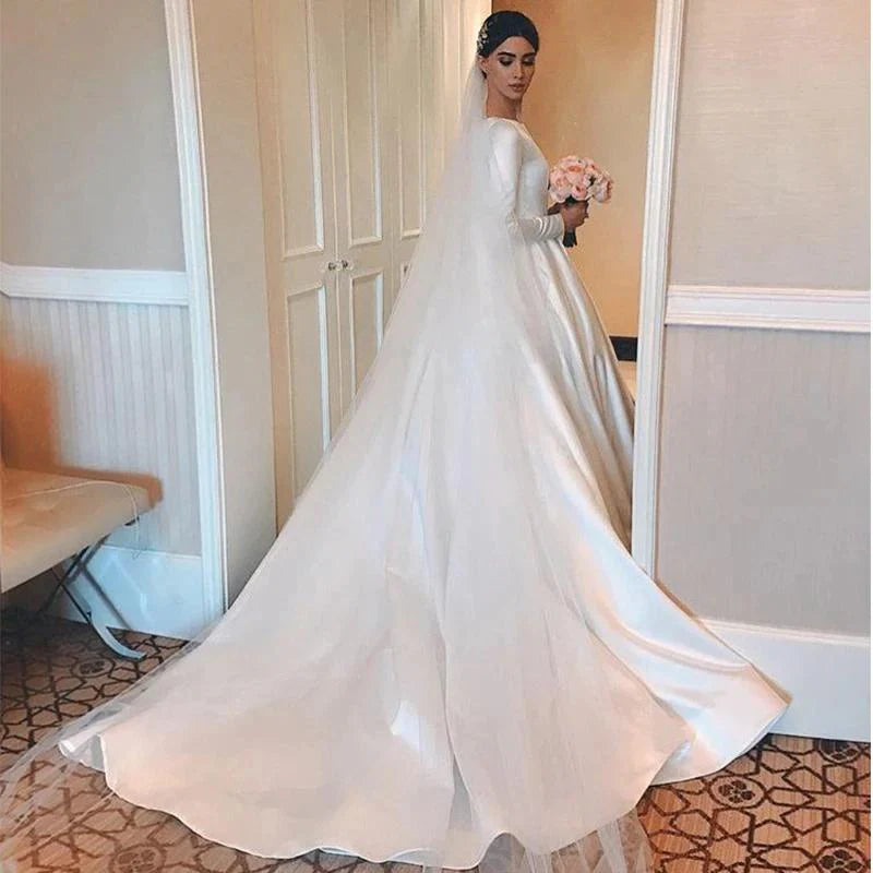 A-line Wedding Dresses Long Sleeves Satin Bridal Gowns