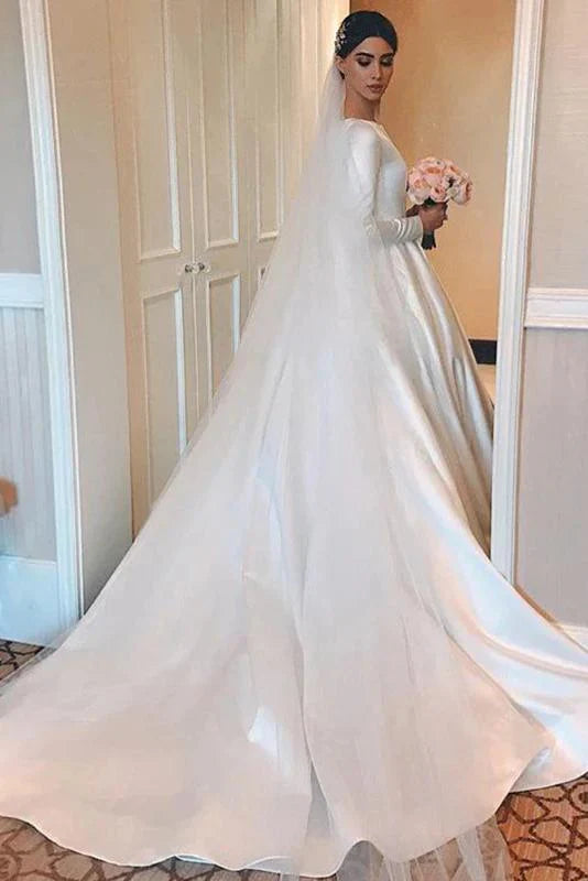 A-line Wedding Dresses Long Sleeves Satin Bridal Gowns