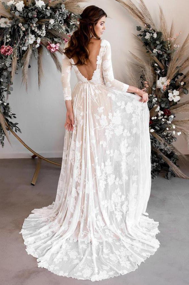 A Line 3/4 Sleeves Wedding Dresses Elegant Backless Boho Bride Dress