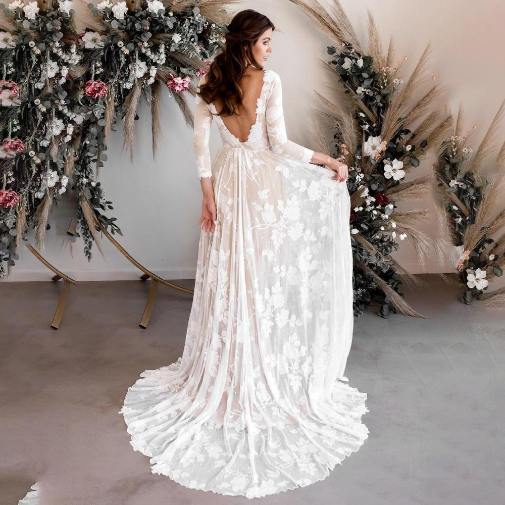 A Line 3/4 Sleeves Wedding Dresses Elegant Backless Boho Bride Dress