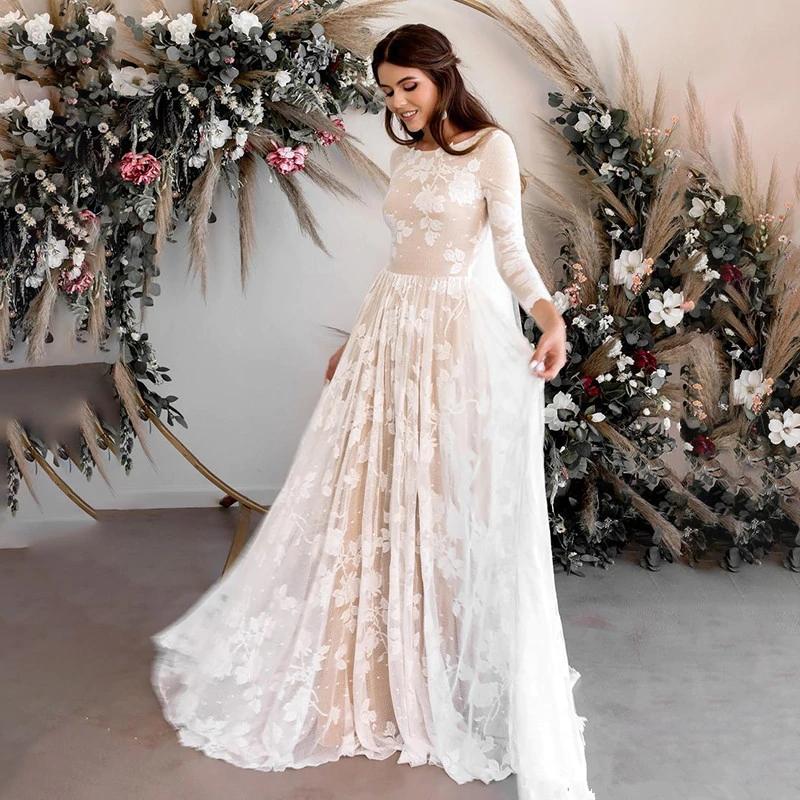 A Line 3/4 Sleeves Wedding Dresses Elegant Backless Boho Bride Dress