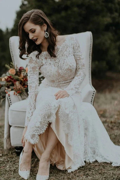 Vintage Long Sleeves Lace Wedding Dresses Backless Rustic Lace Wedding Dresses