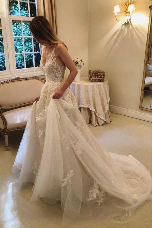 A-Line Tulle V Back Wedding Dresses