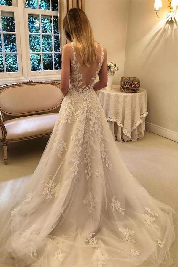 A-Line Tulle V Back Wedding Dresses