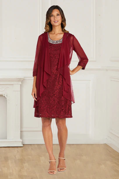 Vintage Two Piece Lace Burgundy Sheath/Column 3/4 Sleeves Mother Of The Bride Dress With
