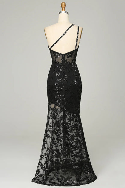 Sheath One Shoulder Backless Black Lace Long Prom Dress