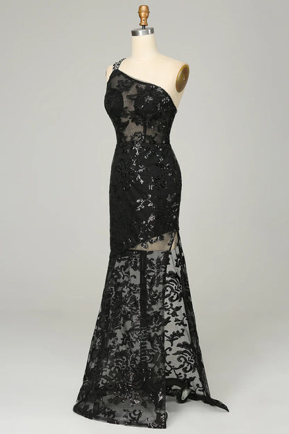 Sheath One Shoulder Backless Black Lace Long Prom Dress