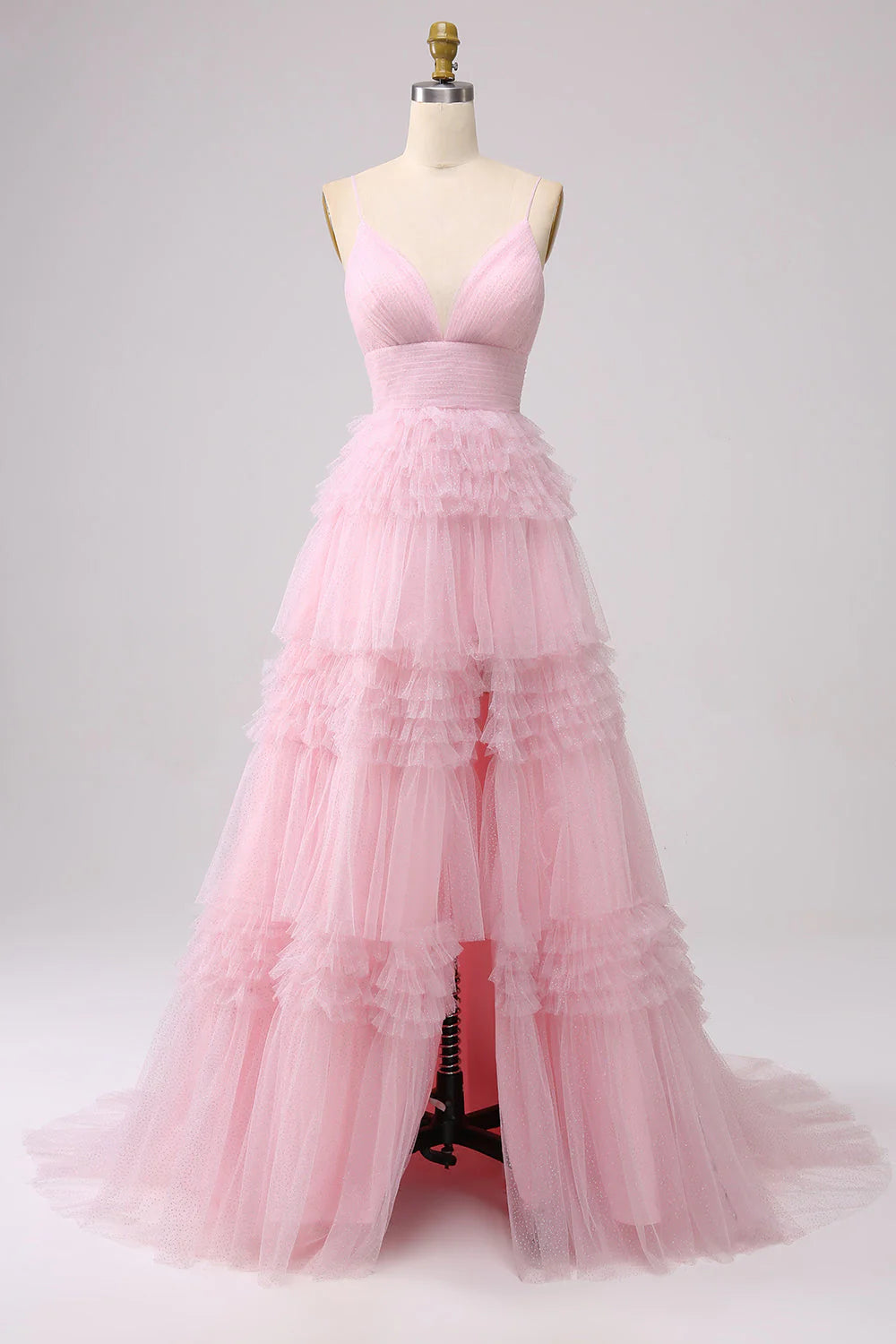 Amzcw Light Pink A Line Spaghetti Straps Long Tulle Prom Dress with Ruffles prom dresses shops