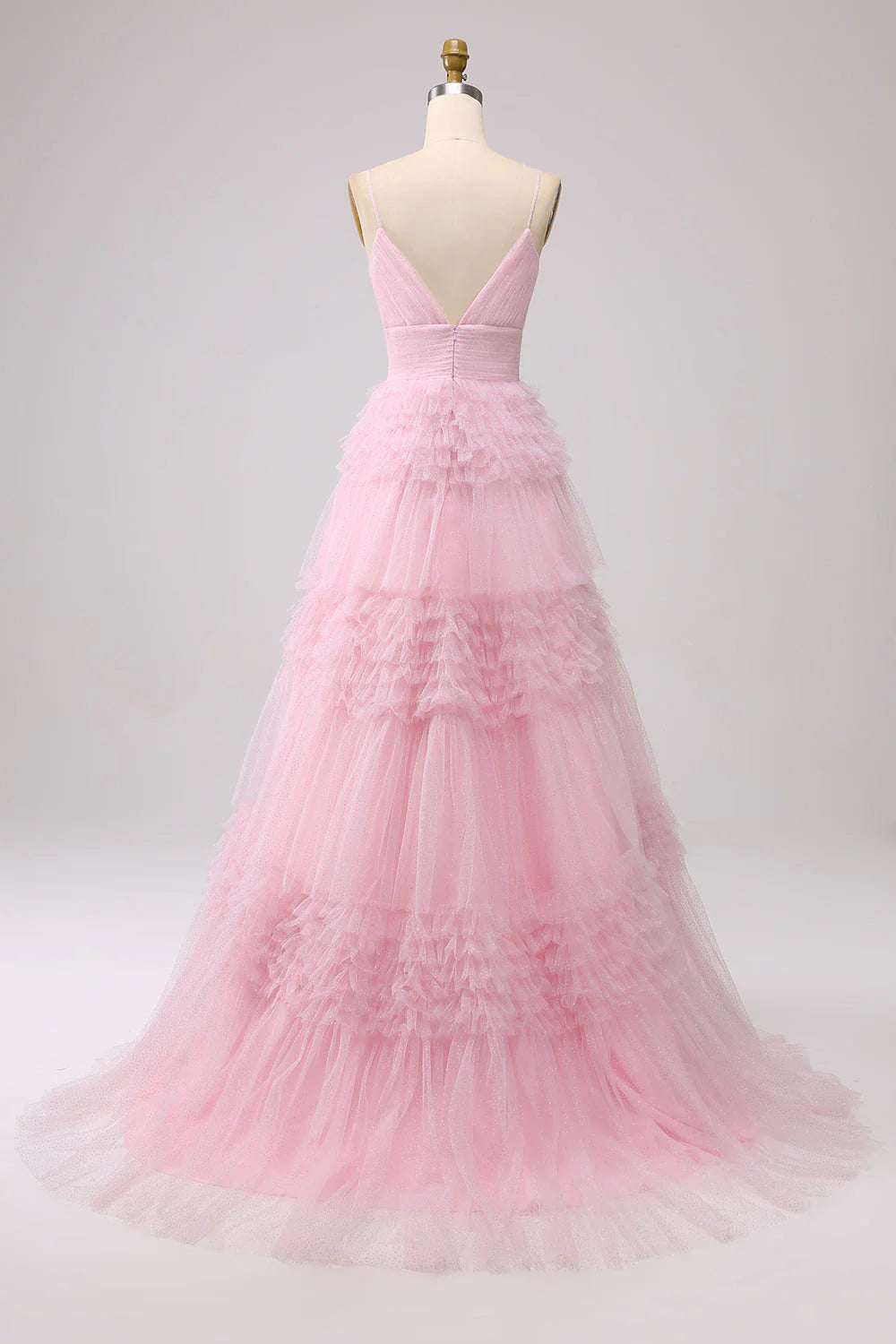 Amzcw Light Pink A Line Spaghetti Straps Long Tulle Prom Dress with Ruffles prom dresses shops