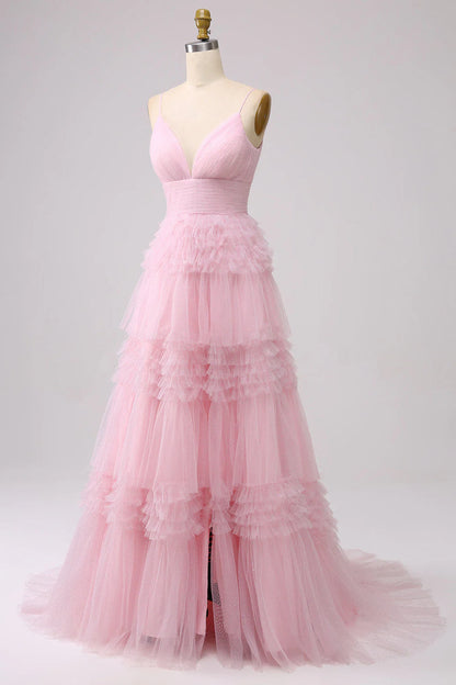 Amzcw Light Pink A Line Spaghetti Straps Long Tulle Prom Dress with Ruffles prom dresses shops