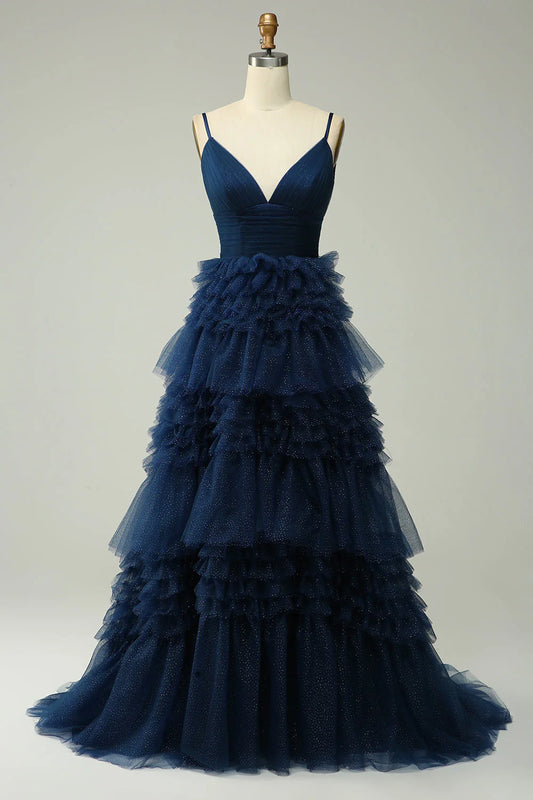 Amzcw Navy A Line Spaghetti Straps Long Tulle Prom Dress with Ruffles