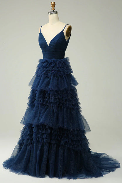 Amzcw Navy A Line Spaghetti Straps Long Tulle Prom Dress with Ruffles