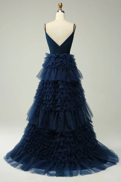 Amzcw Navy A Line Spaghetti Straps Long Tulle Prom Dress with Ruffles