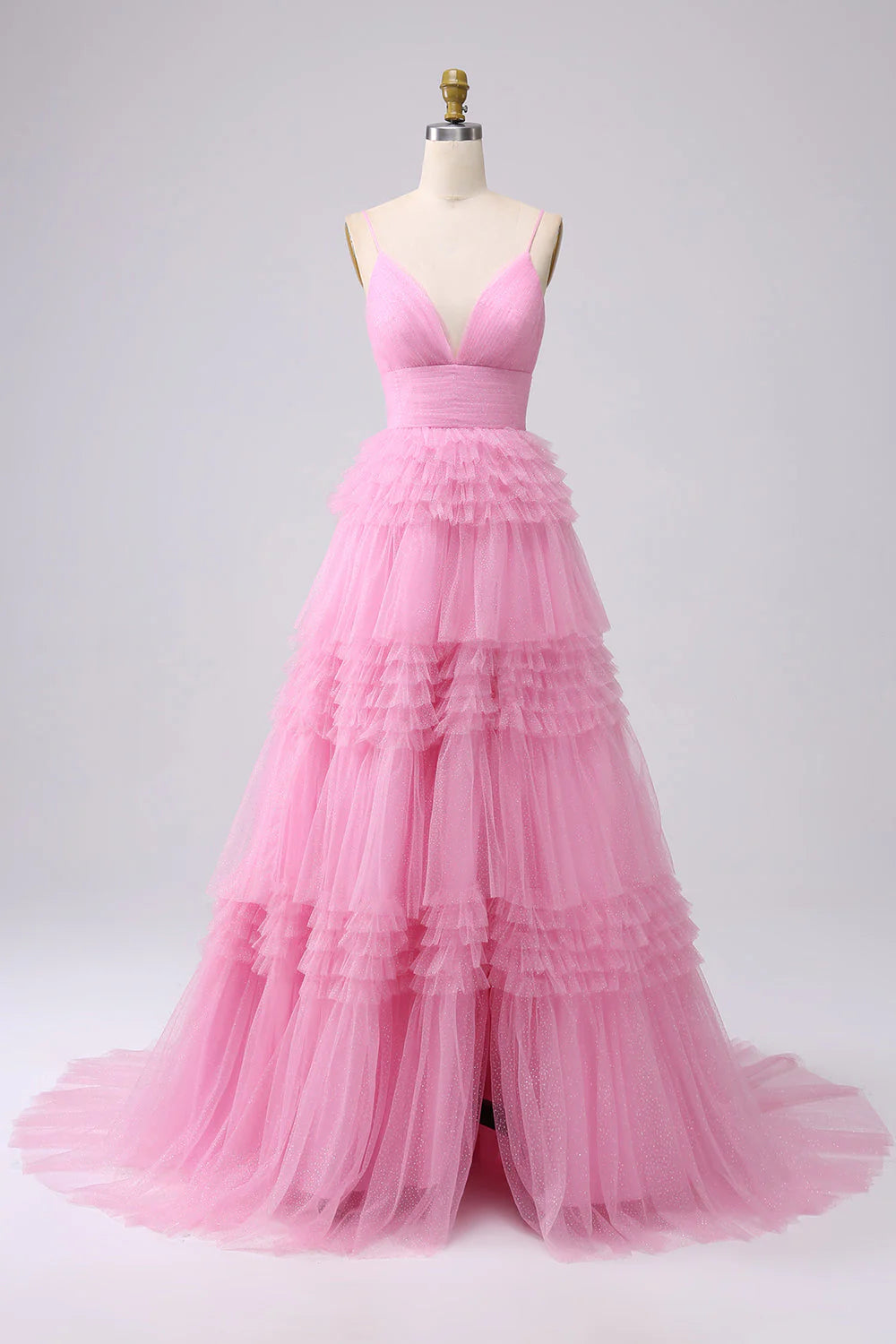 Amzcw Pink A Line Spaghetti Straps Long Tulle Prom Dress with Ruffles prom dresses shops