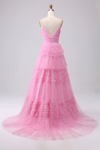 Amzcw Pink A Line Spaghetti Straps Long Tulle Prom Dress with Ruffles prom dresses shops