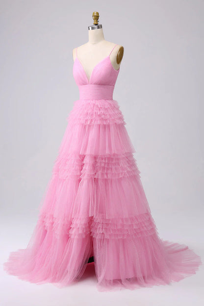 Amzcw Pink A Line Spaghetti Straps Long Tulle Prom Dress with Ruffles prom dresses shops