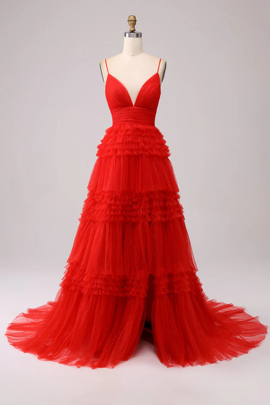 Amzcw Red A Line Spaghetti Straps Long Tulle Prom Dress with Ruffles prom dresses shops