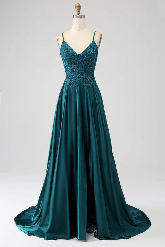 Amzcw Peacock Green A-Line Spaghetti Straps Backless Prom Dress with Slit prom dresses shops