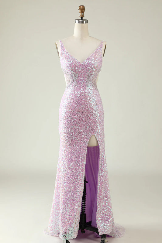Amzcw Sheath V Neck Lilac Sequins Long Prom Dress with Split Front