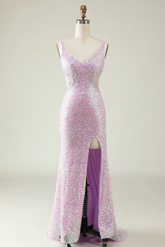 Amzcw Lilac Sheath V Neck Sequins Long Prom Dress with Split Front prom dresses with long sleeves