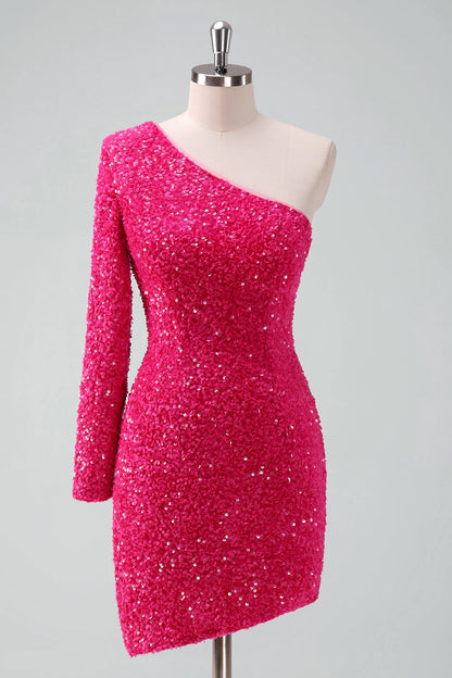 Amzcw Glitter Fuchsia One Shoulder Sequin Tight Homecoming Dress with Fringe