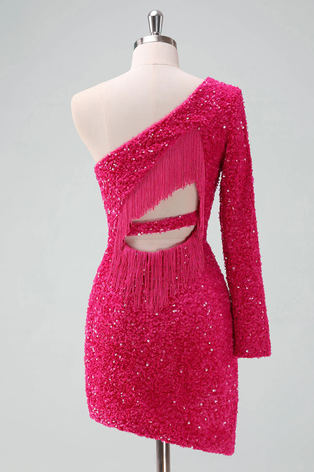 Amzcw Glitter Fuchsia One Shoulder Sequin Tight Homecoming Dress with Fringe