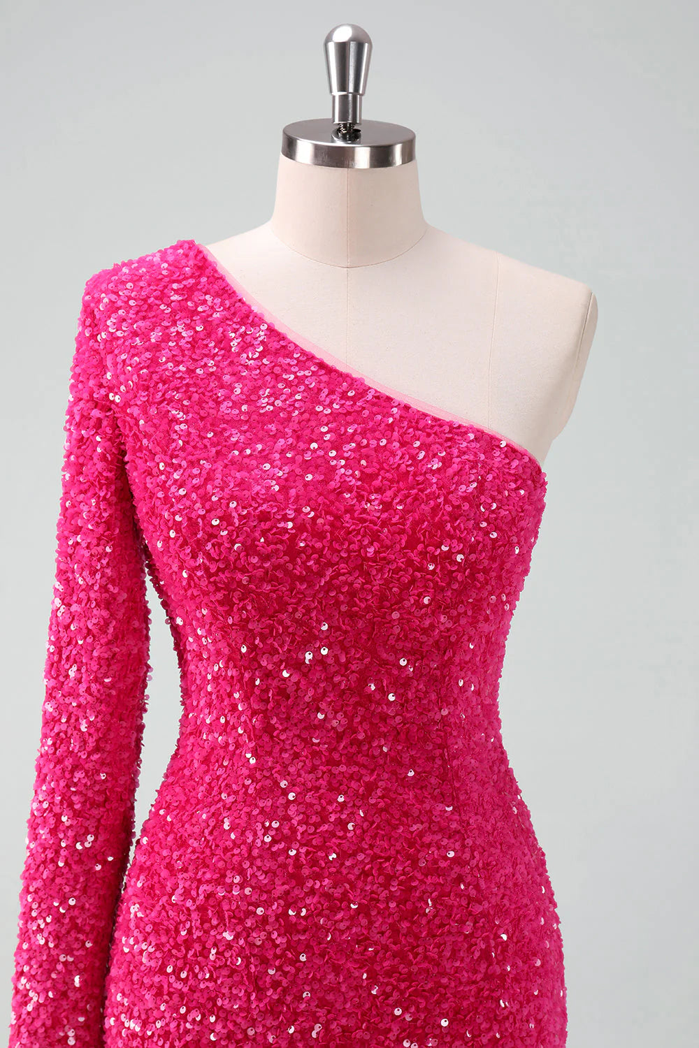 Amzcw Glitter Fuchsia One Shoulder Sequin Tight Homecoming Dress with Fringe