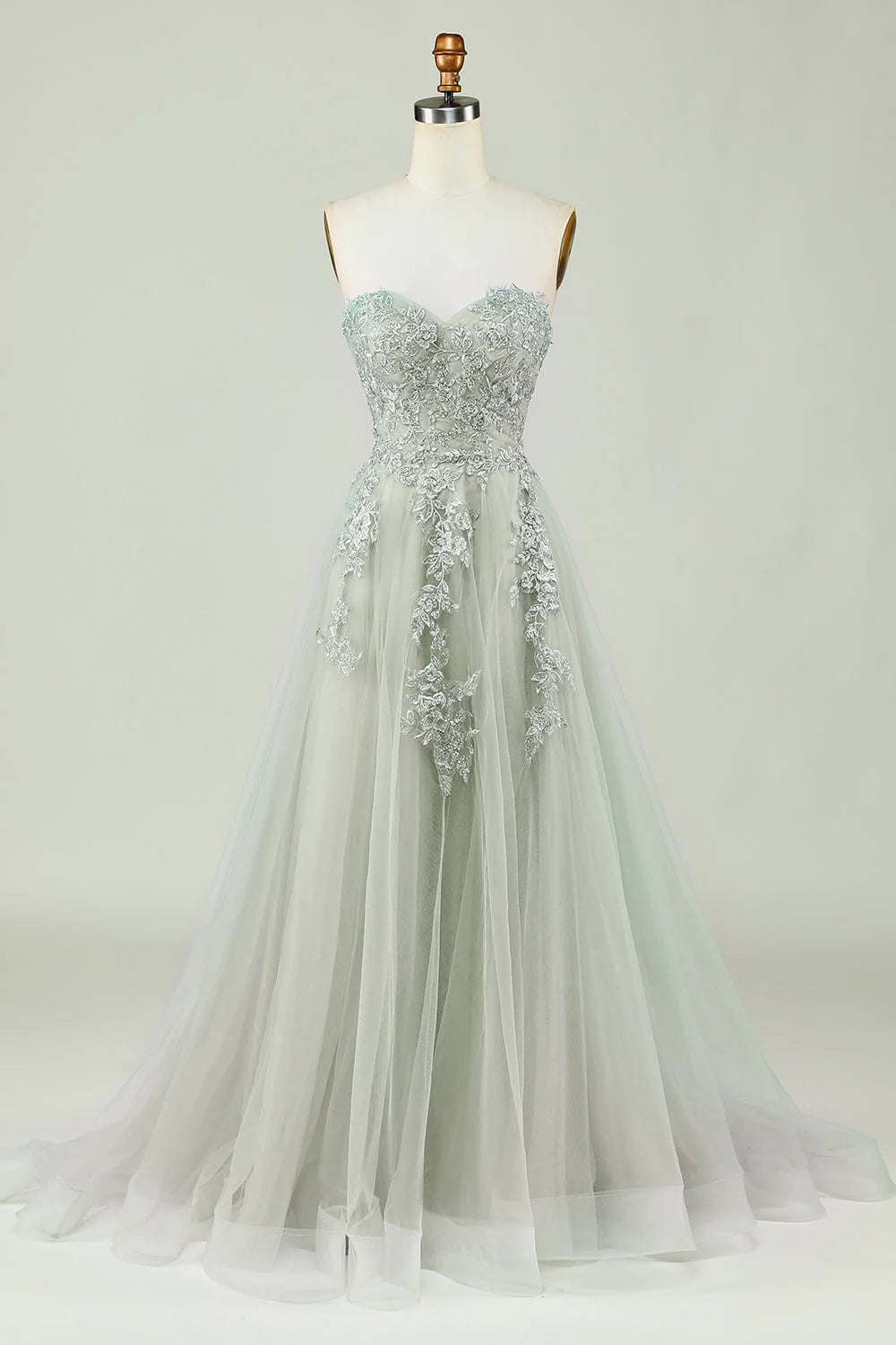 Amzcw Sweetheart Beaded Light Green Long Prom Dress with Slit Front