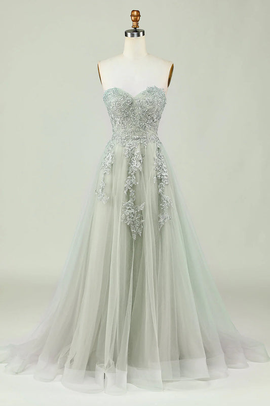 Amzcw Light Green Sweetheart Beaded Long Prom Dress with Slit Front prom dresses with long sleeves