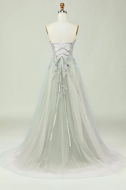 Amzcw Sweetheart Beaded Light Green Long Prom Dress with Slit Front