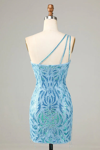 Amzcw Blue Sheath One Shoulder Sequins Short Homecoming Dress