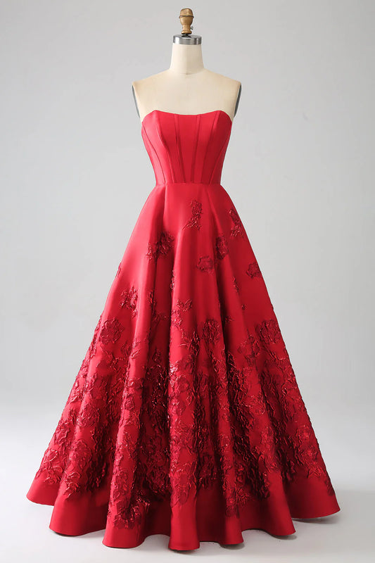 Amzcw Elegant Princess A-Line Strapless Dark Red Long Prom Dress with 3D Flowers prom dresses shops