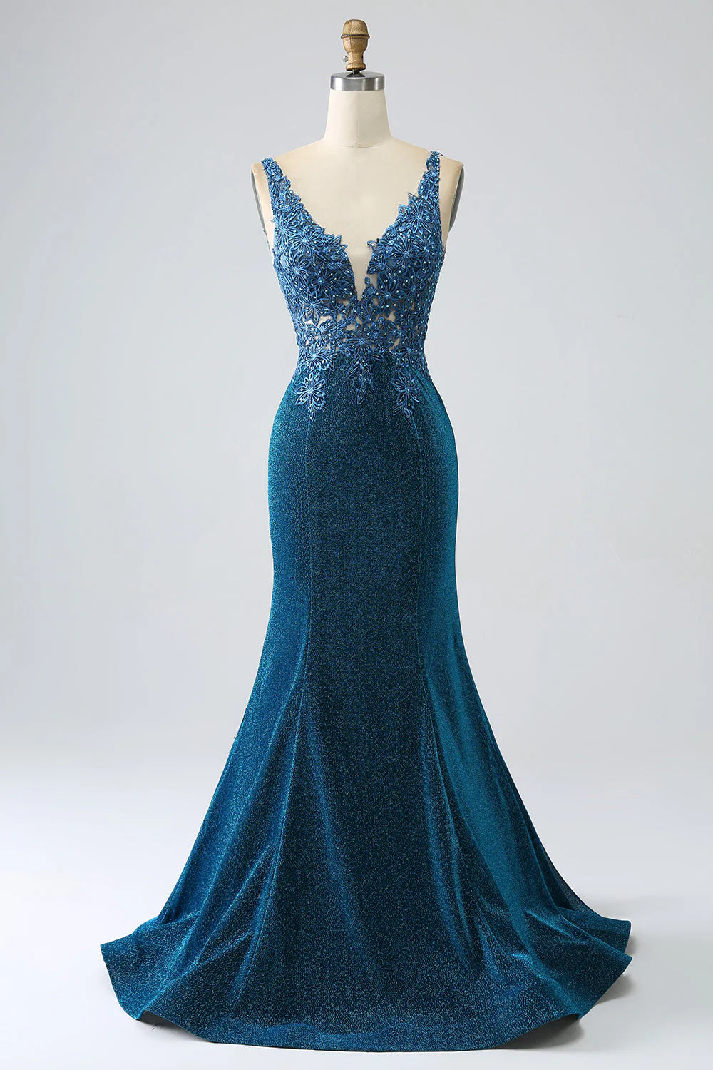 Amzcw Glitter Dark Blue Mermaid V-Neck Long Prom Dress with Beading prom dresses shops