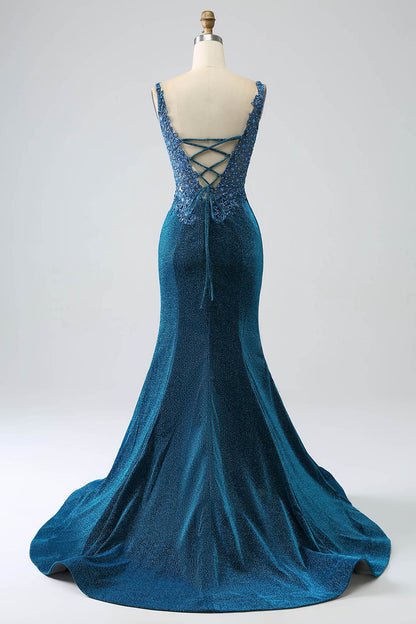 Amzcw Glitter Dark Blue Mermaid V-Neck Long Prom Dress with Beading prom dresses shops