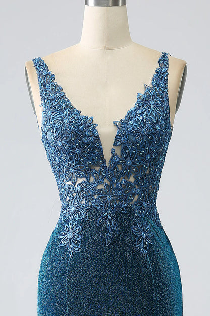 Amzcw Glitter Dark Blue Mermaid V-Neck Long Prom Dress with Beading prom dresses shops