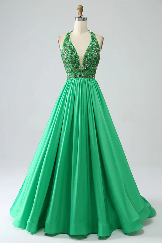 Amzcw Green Princess A-Line Halter Long Satin Prom Dress with Beading prom dresses shops