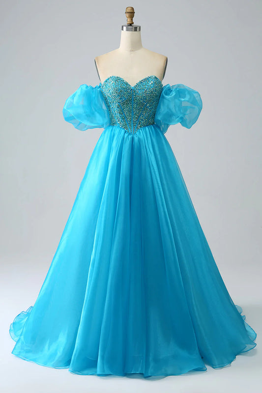 Amzcw Blue Ball-Gown Sweetheart Beaded Corset Prom Dress with Detachable Sleeves prom dresses shops