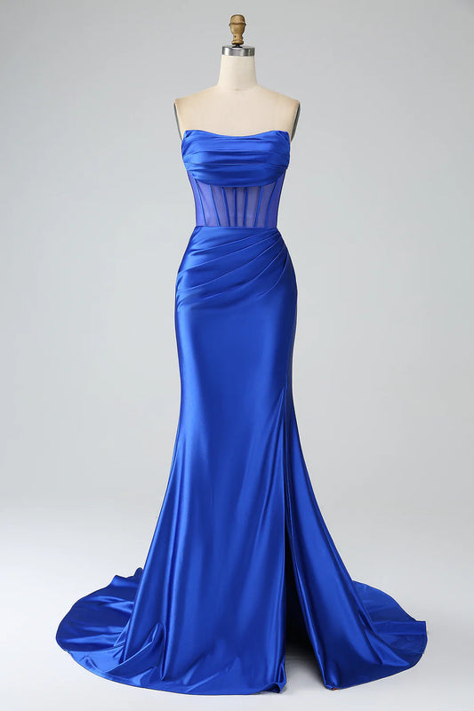 Amzcw Mermaid Strapless Pleated Corset Long Royal Blue Prom Dress with Slit