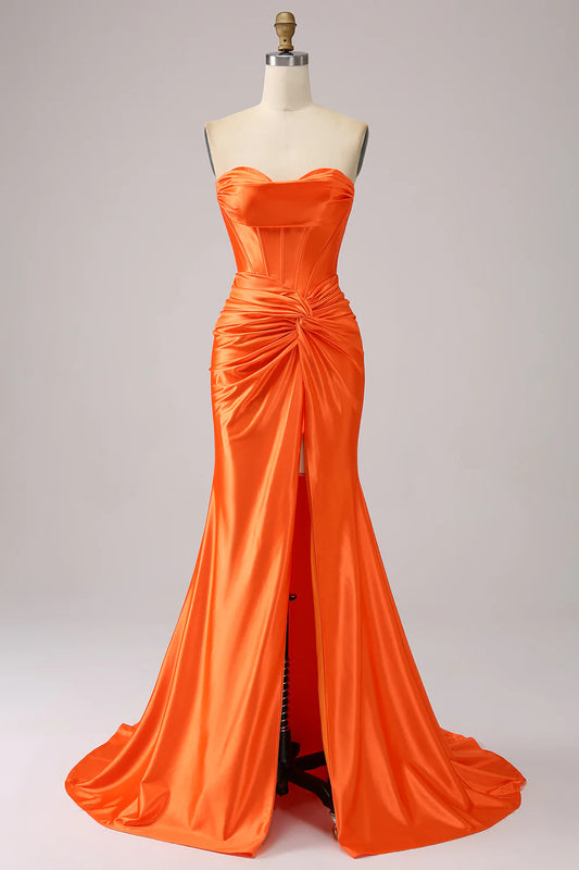 Amzcw Orange Mermaid Sweetheart Corset Pleated Long Prom Dress with Slit prom dresses shops