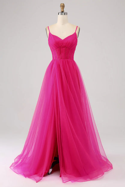 Amzcw A-Line Spaghetti Straps Long Corset Fuchsia Prom Dress with Slit prom dresses shops