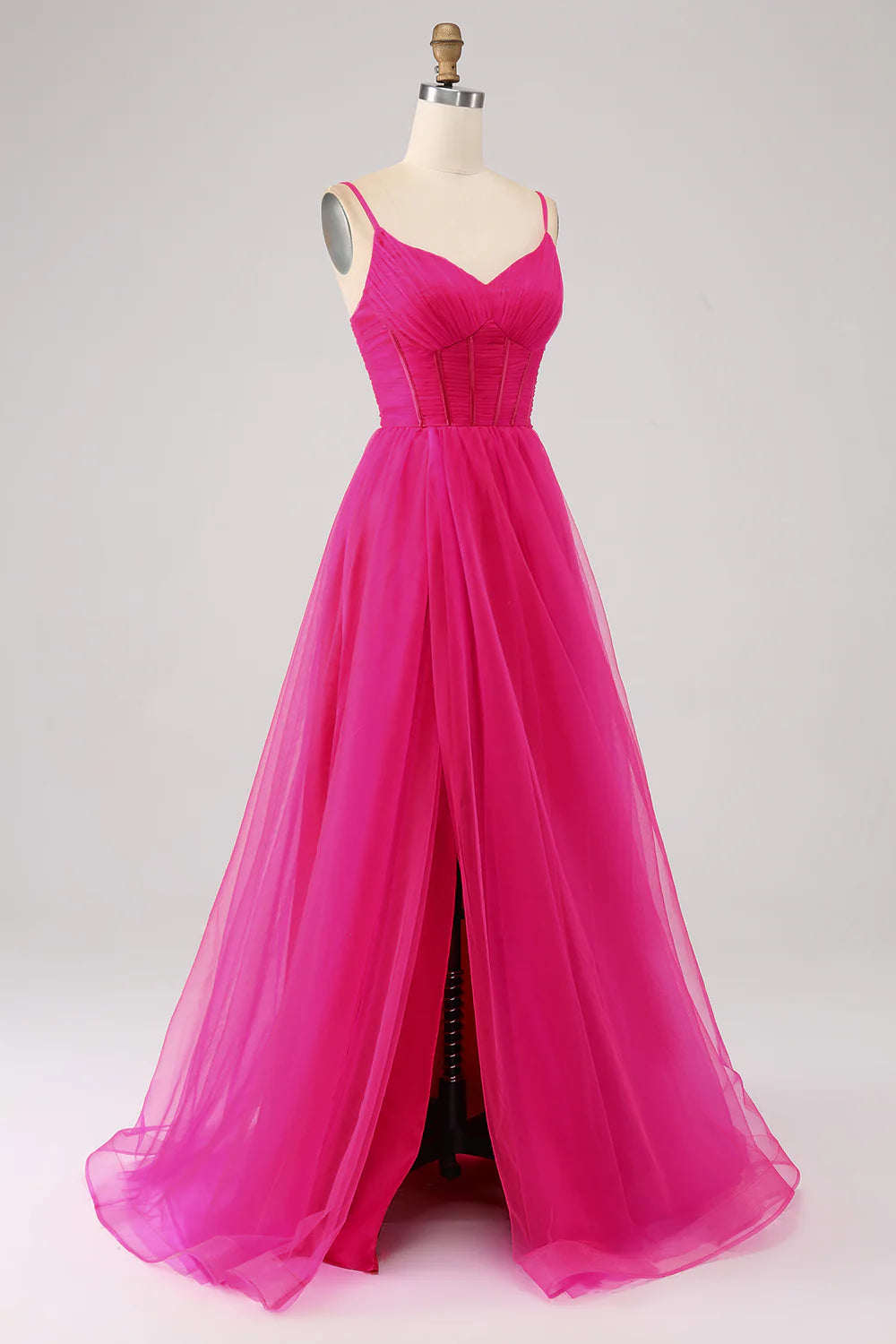 Amzcw A-Line Spaghetti Straps Long Corset Fuchsia Prom Dress with Slit prom dresses shops