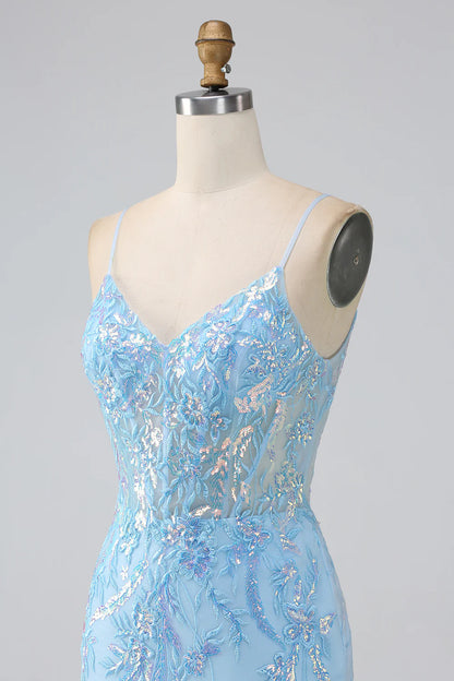 Amzcw Blue Mermaid Spaghetti Straps Sparkly Sequin Corset Long Prom Dress