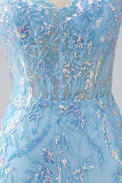 Amzcw Blue Mermaid Spaghetti Straps Sparkly Sequin Corset Long Prom Dress