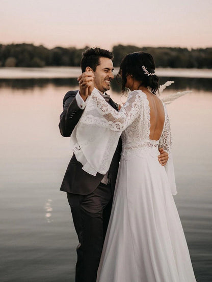 White Chiffon Open Back Long Sleeves Wedding Dress Simple A Line V Neck Lace