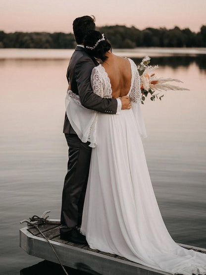 White Chiffon Open Back Long Sleeves Wedding Dress Simple A Line V Neck Lace