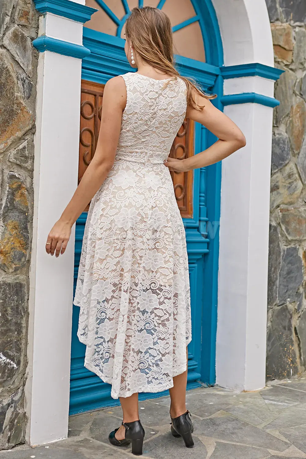 Amzcw White Champagne V Neck High Low Lace Dress gowns evening dresses stores with prom dresses