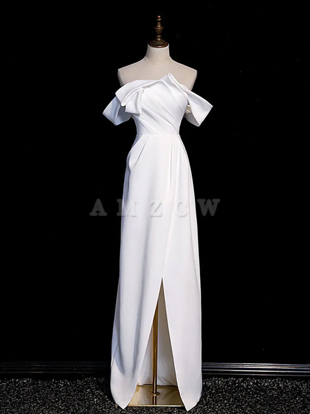 Amzcw White off shoulder satin long prom dress white long formal dress prom dress in store