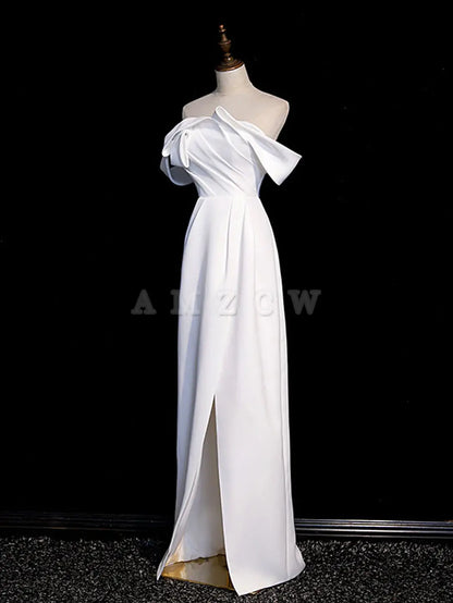 Amzcw White off shoulder satin long prom dress white long formal dress prom dress in store